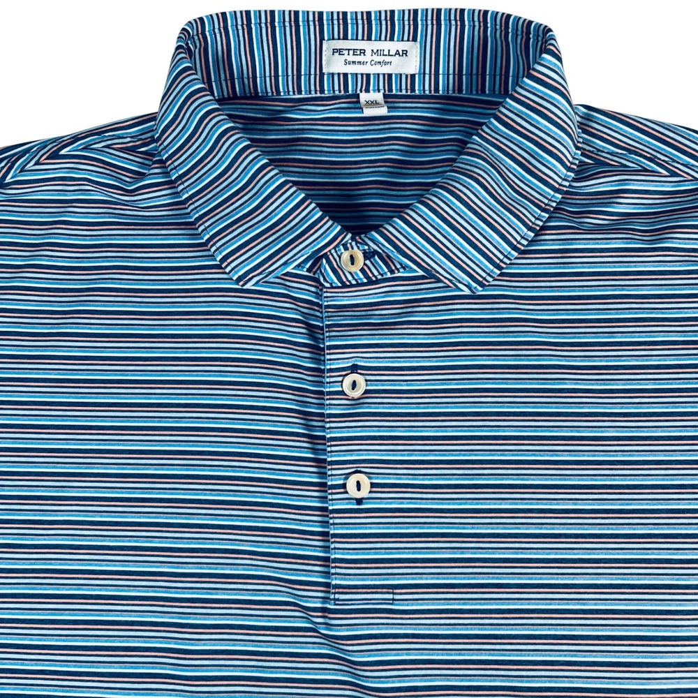 Peter Millar Polo Shirt Mens XXL Blue Striped Summer Comfort Performance Golf